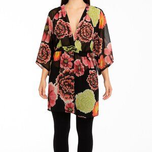 Cabi Women's sheer elbow sleeve black floral blouse tunic Size XS mature casual